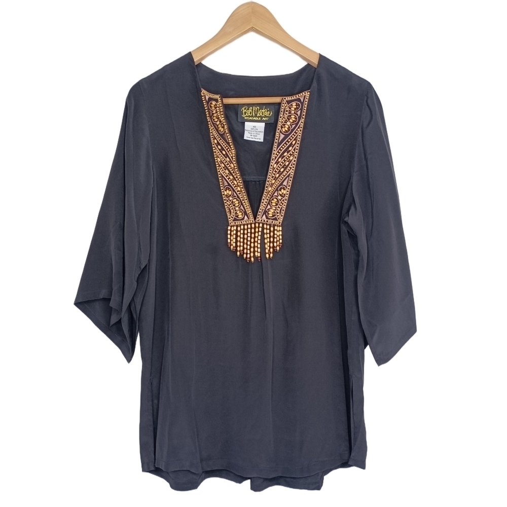 Bob Mackie 100% Silk Wooden Beaded Embellished Neck Aztec Boho XS Blouse